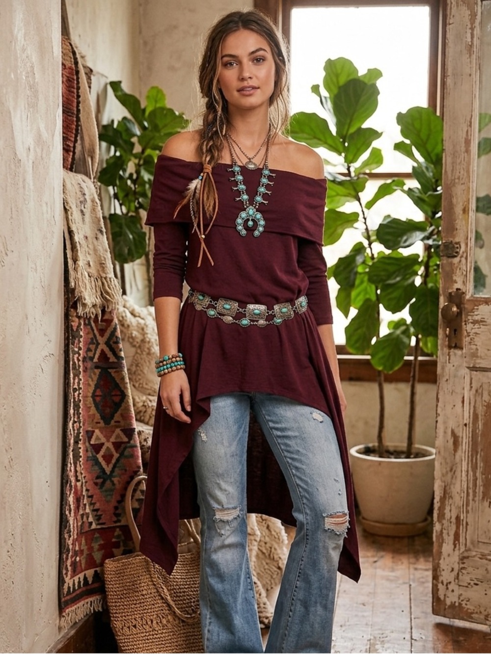 Zapelle Off-the-Shoulder Hi-Low Tunic - Deep Plum, M